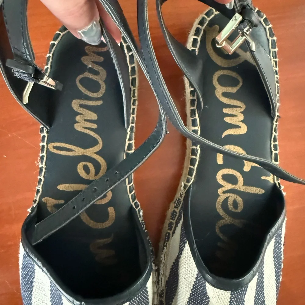 Sam Edelman Navy and White Striped Espadrille Wedge Sandals
